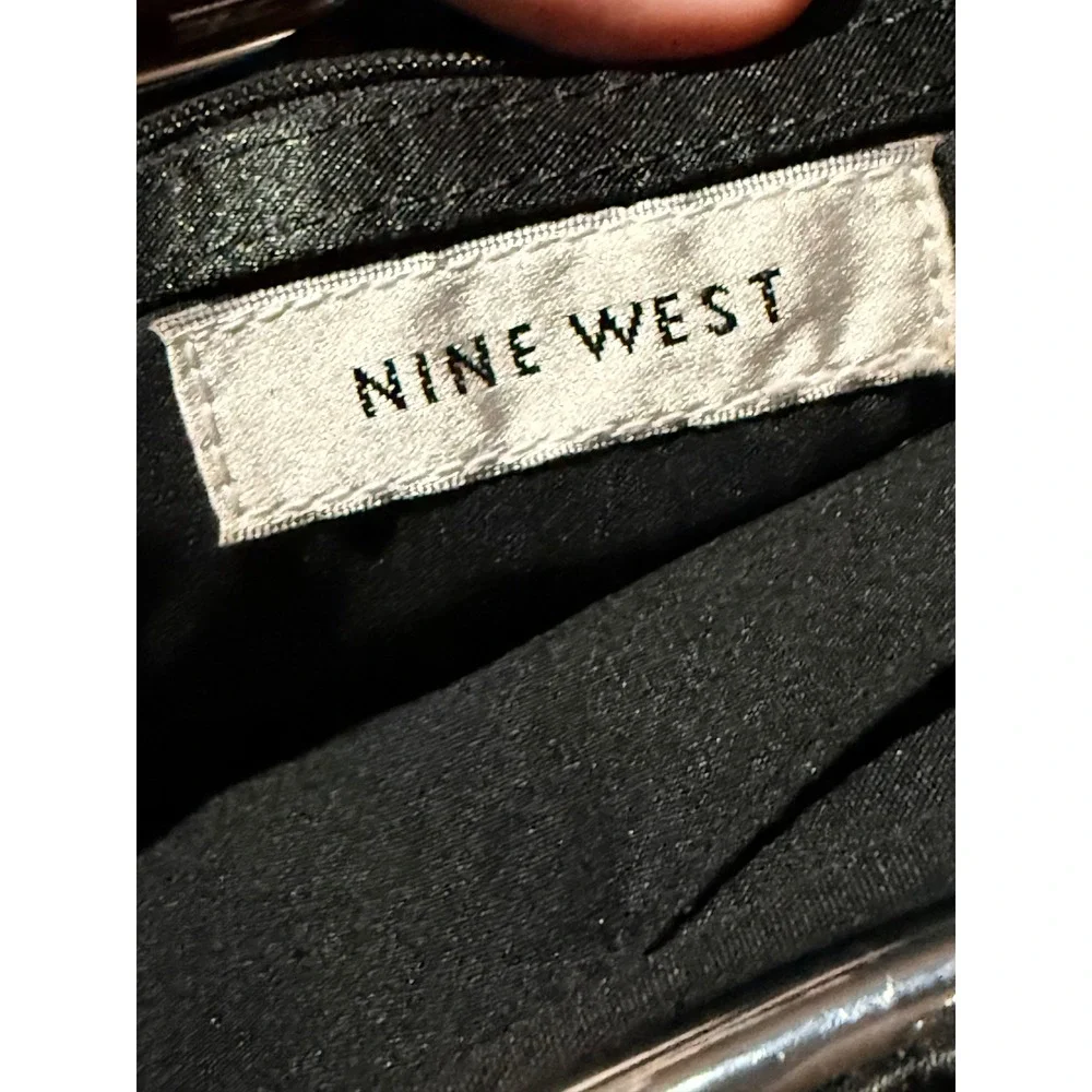 Nine West Black Satin Pleated Evening Clutch Rhinestone Kiss Lock Chain Strap